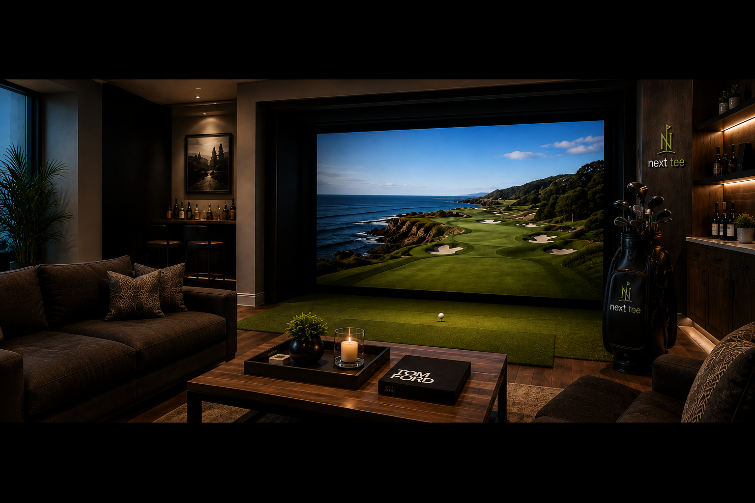 Luxury residential golf simulator room with integrated seating, millwork, and architectural lighting