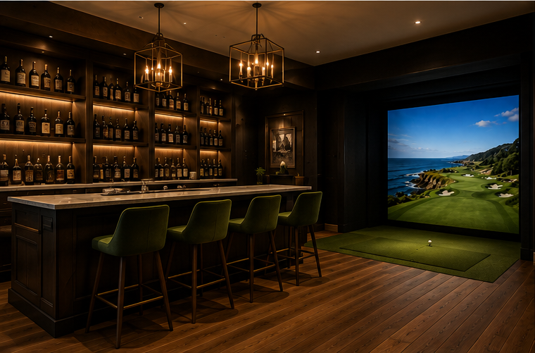 Golf simulator integrated with a private entertainment bar